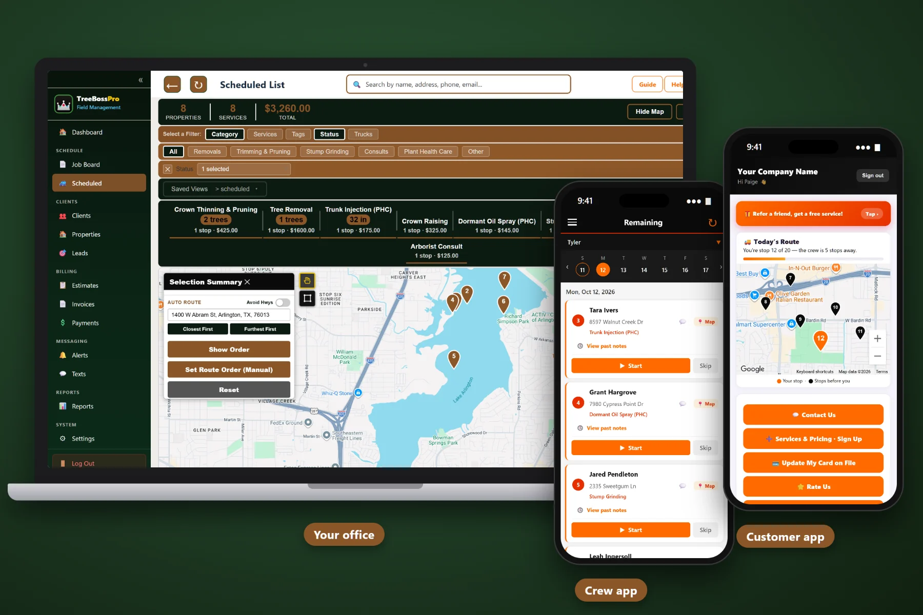 TreeBossPro arborist software on a laptop, with the crew app and the customer app on two phones for tree care consults and recurring care